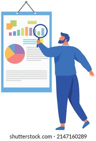 Reading report, survey concept. Man with magnifying glass looking for information in text document. Employee analyzes term of contract. Analysis data launch of new business project. Check startup data