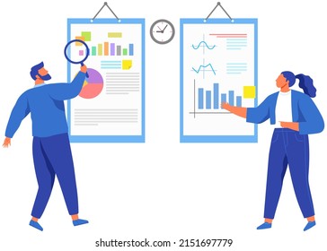 Lesen von Bericht, Umfragekonzept. Mann mit Lupe, der nach Informationen im Textdokument sucht. Mitarbeiter analysiert die Vertragslaufzeit. Analyse Daten-Start des neuen Geschäftsprojekts. Startdaten überprüfen