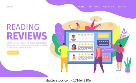 Reading reviews, webpage vector illustration. Screen display reviews about service and customer rating number stars, landing clients feedback. Young man viewing social in smartphone.