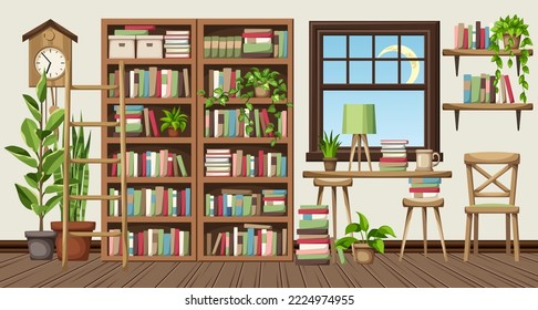 Reading room interior design with bookcases and plenty of books and houseplants. Cozy old library interior design. Cartoon vector illustration