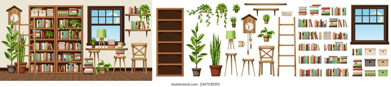 Reading room interior design with bookcases and plenty of books and houseplants. Cozy old library interior design. Furniture set. Interior constructor. Cartoon vector illustration