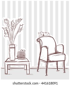 Reading room interior with table and books.Vector hand drawing illustration on white