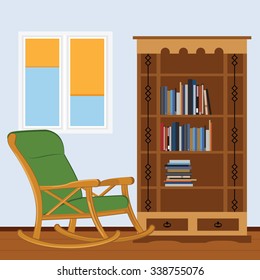 Reading room with rocking chair, bookcase with books and window vector illustration. I love reading. Study room