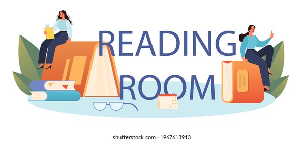 Reading room typographic header. Librarian cataloguing and sorting books.