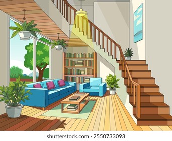 Reading Room Vector, sitting room background, house inside stairs, sofas, bookshelf, indoor plants vector