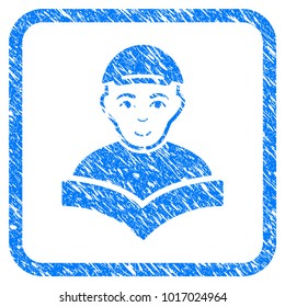 Reading Schoolboy rubber seal stamp imitation. Icon vector symbol with textured design and dust texture inside rounded squared frame. Scratched blue sign. Dude face has joyful sentiment.