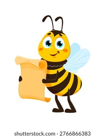 Reading scroll honey bee bug character. Honey bee baby cute cartoon character, hive bumblebee animal happy vector mascot. Honeybee bug cheerful isolated personage reading paper document