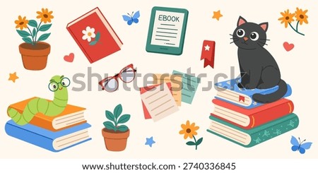 Reading set with black cat on books, ebook reader, plants, glasses and stationery. Comfort, warm atmosphere. For reading posters, library promos, stickers and web banners.