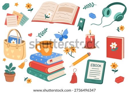 Reading set with books, ebook reader, open book, headphones, candle, tea cup, tote bag and plants. For posters, stickers, web.