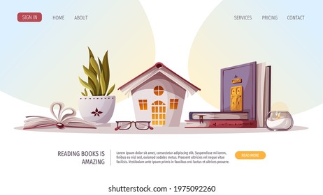 Reading set with books, glasses, potted plant, candle. Bookstore, bookshop, library, book lover, bibliophile, education concept. Vector illustration for poster, banner, website, advertising.