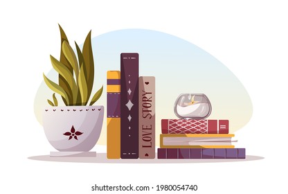 Reading set with books, potted plant, candle. Bookstore, bookshop, library, book lover, bibliophile, education concept. Isolated vector illustration for poster, banner, card, cover.