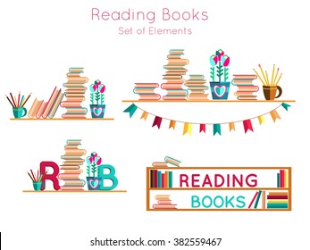 reading set of elements, template with books on the shelf. Education, graduation, training material study,  back in school. Flat design graphic image learning concept. Vector