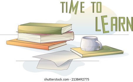 Reading set of stack of books, cup and papers. Vector illustration perfect for design of banner, poster, website, advertising, decoration of bookstore, library, bookshop. Teaching, learning concept.