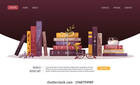 Reading set with stack of books, glasses, candle. Bookstore, bookshop, library, book lover, bibliophile, education concept. Vector illustration for poster, banner, website, advertising.