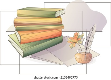 Reading set of stack of books, ink and feather, papers. Vector illustration for design of banner, poster, website, advertising, decoration of bookstore, library, bookshop. Teaching, learning concept.