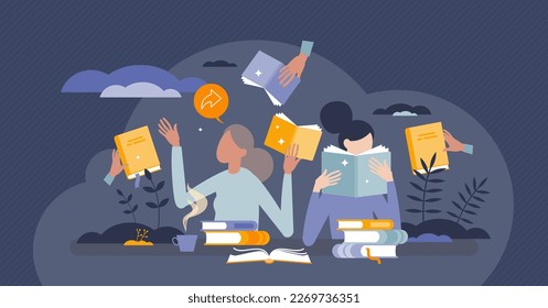 Reading and sharing books to change literature with others tiny person concept. Exchange your library to get new information, poetry, novels or educational materials for learning vector illustration.