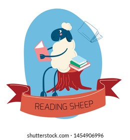 Reading sheep. Vector color illustration