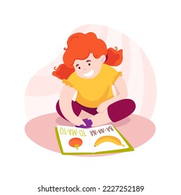 Reading simple stories isolated cartoon vector illustration. First reading skills, language and literacy in kindergarten, read story by syllables, abc book, early education vector cartoon.