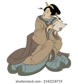 Reading sitting Japanese woman in kimono. Traditional ethnic oriental style. Isolated vector illustration.