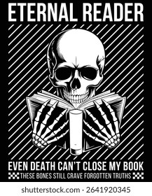 Reading Skeleton Illustration - Bibliophile Skull with Forgotten Truths