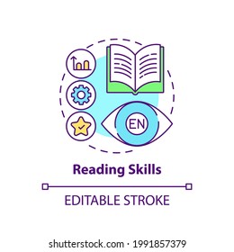 Reading skills concept icon. Language learning competence idea thin line illustration. Decoding meaning from text ability. Word recognition. Vector isolated outline RGB color drawing. Editable stroke