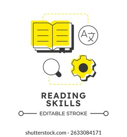 Reading skills modern linear concept icon. Language translation. Information processing. Comprehension, understanding. Flat outline elements connected with dotted lines. Creative visual. Easy to edit