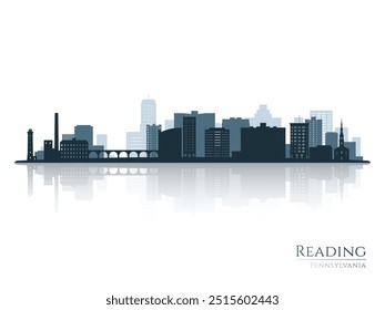 Reading skyline silhouette with reflection. Landscape Reading, Pennsylvania. Vector illustration.