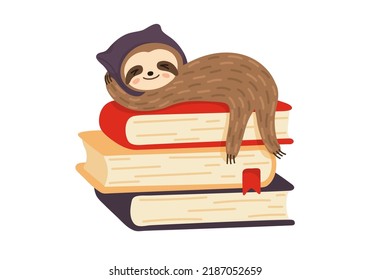 Reading for sleep. Cute sloth naps tight on books. Student tired to read.