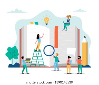 Reading, small people characters doing various tasks around big book. Concept illustration for education, books, university, student, research. Vector illustration in flat style