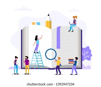 Reading, small people characters doing various tasks around big book. Concept illustration for education, books, university, student, research. Vector illustration in flat style
