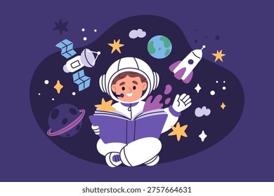 Reading space book. Funny boy reads about cosmos adventures, child in spacesuit fantasizes, astronautic adventures, science learning and education, garish vector cartoon flat style isolated concept