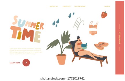 Reading Spare Time Landing Page Template. Woman in Bikini Sitting on Deck Chair at Pool or Beach Read Book. Female Character Spend Time Outdoors on Exotic Resort Enjoying. Linear Vector Illustration
