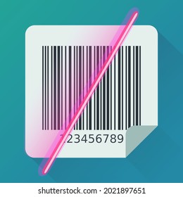 Reading a square label with a bar code with a red laser beam on a blue background (flat design)