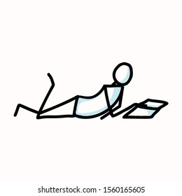 Reading Stick Figure Person lying down with Book or Journal. Hand Drawn Isolated Human Doodle Motif Element in Flat Color. For Education, Literature, Study Relaxation Concept. Pictogram Vector EPS 10.