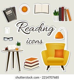 Reading stickers with an armchair, coffee table, floor lamp, books, a cup of tea, glasses. Vector illustration.