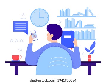 Reading student preparing to exam interrupted by mobile call. Balance between leisure work education. Flat cartoon vector illustration concept design. Simple art isolated on white background.