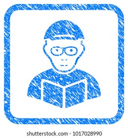 Reading Student rubber stamp watermark. Icon vector symbol with scratched design and dust texture in rounded frame. Scratched blue sign. Human face has enjoy mood.