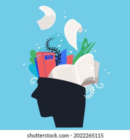 Reading, study and knowledge concept. Human head with books and leaves inside. Vector multicolor illustration.