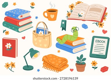 Reading and study set with books, ebook reader, open book, desk lamp, tea cup, tote bag, folded blanket and plants.For posters and web baners