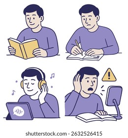 A reading, studying, listening, and focusing are key activities depicted this illustration