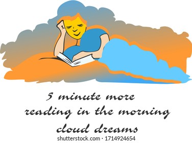 Reading Sun illustration, Reading in bed in the morning is a big pleasure and true hobby, The Sun is behind cloud because she likes to read and want 5 minutes more for her hobby