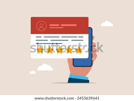 Reading testimonials or leaving comment. Customer feedback and rating 5 stars. Flat vector illustration