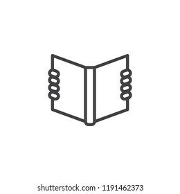Reading text book outline icon. linear style sign for mobile concept and web design. Hands hold book simple line vector icon. Symbol, logo illustration. Pixel perfect vector graphics