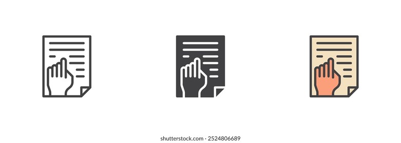 Reading text different style icon set. Line, glyph and filled outline colorful version, outline and filled vector sign. Hand pointing on document symbol, logo illustration. Vector graphics