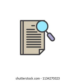 Reading text filled outline icon, line vector sign, linear colorful pictogram isolated on white. Paper document and magnifier symbol, logo illustration. Pixel perfect vector graphics