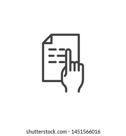 Reading text line icon. linear style sign for mobile concept and web design. Hand Pointing on document file outline vector icon. Symbol, logo illustration. Vector graphics