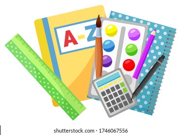 Reading textbook and copybook, school stationery supplies vector. Alphabet book and notebook, pencil and pen, paintbrush and paint, ruler and calculator. Back to school concept. Flat cartoon