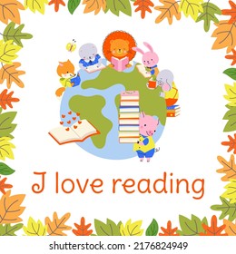 Leyendo fondo de tiempo. Afiche del día de los libros con lectura de tierra y animales lindos. De vuelta a la escuela, estudiantes pequeños preescolares salvajes, hoy afiche vectorial