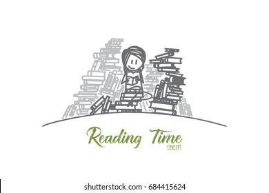 Reading time concept. Hand drawn smiling woman reading book. Female person with a lot of books isolated vector illustration.