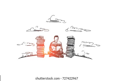 Reading time concept. Hand drawn concentrated man reading fond of literature. Male person sitting and read book isolated vector illustration.